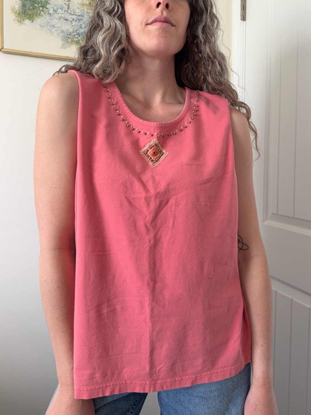 Vintage Breckenridge Sleeveless Beaded Coral Tank Top